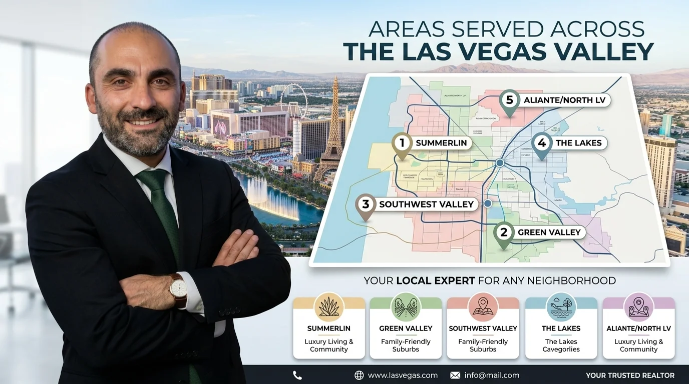 Kevin Grigoryan's Las Vegas Valley service area map covering Summerlin, Green Valley, Southwest Valley, The Lakes, and Aliante/North Las Vegas.