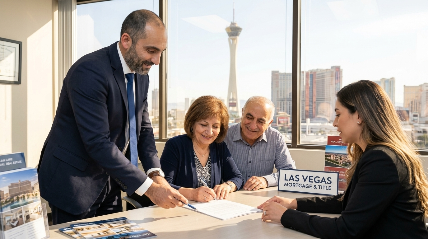 Kevin Grigoryan, trilingual Armenian-speaking REALTOR® at Pulse Realty Group, walks an older couple through closing documents at a Las Vegas signing meeting, with the Strip skyline visible behind them.